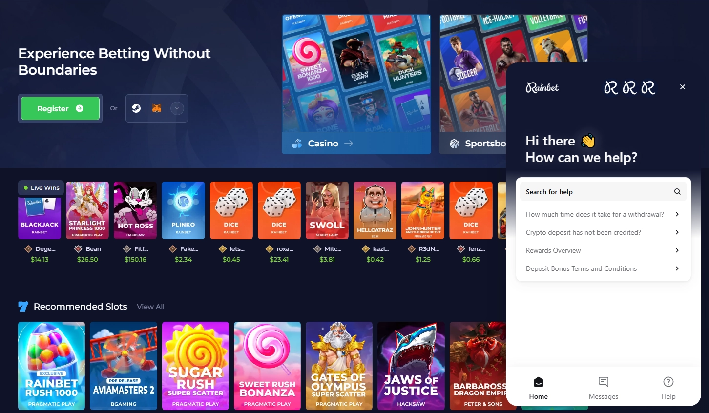 Rainbet Casino Oberfläche auf Desktop und Mobile Geräten